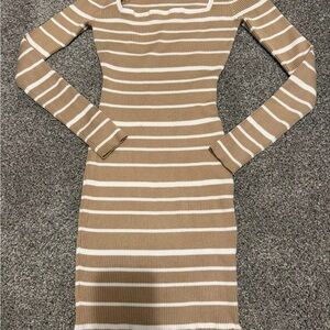 Striped Tan and White Ribbed Knit Dress